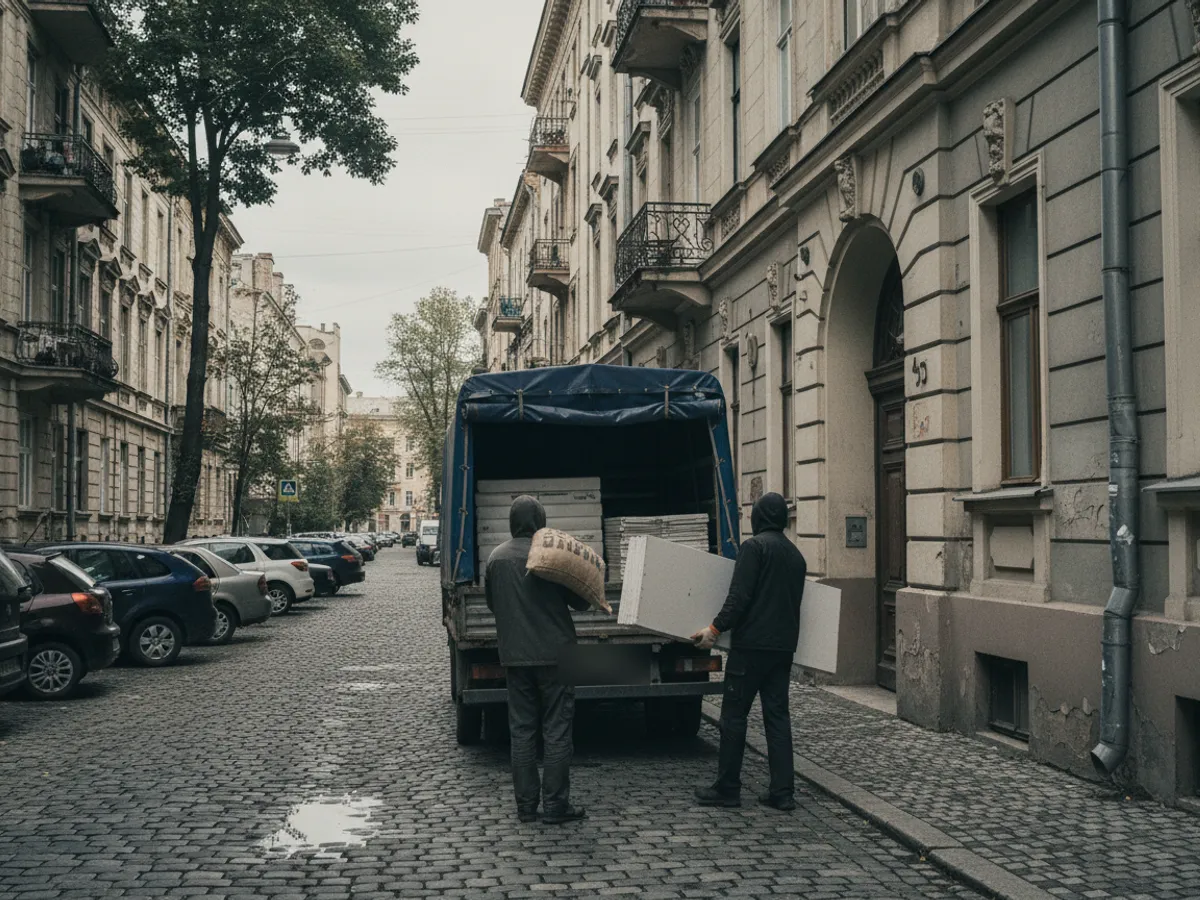 Розвантаження гіпсокартону й сумішей з вантажівки біля під'їзду, Львів
